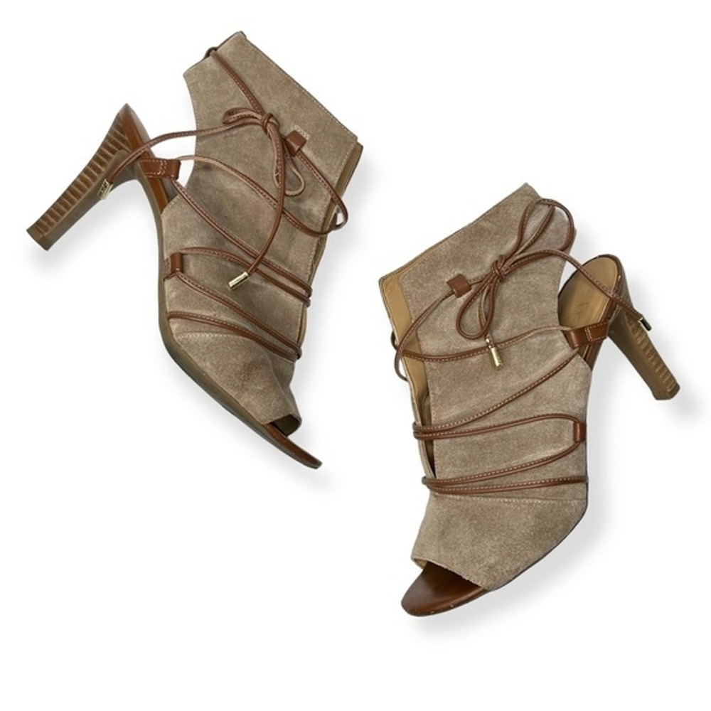 Fergie Taupe‎ Suede Lace Up Peep Toe Heeled Sandals Brown Strappy Booties 7.5